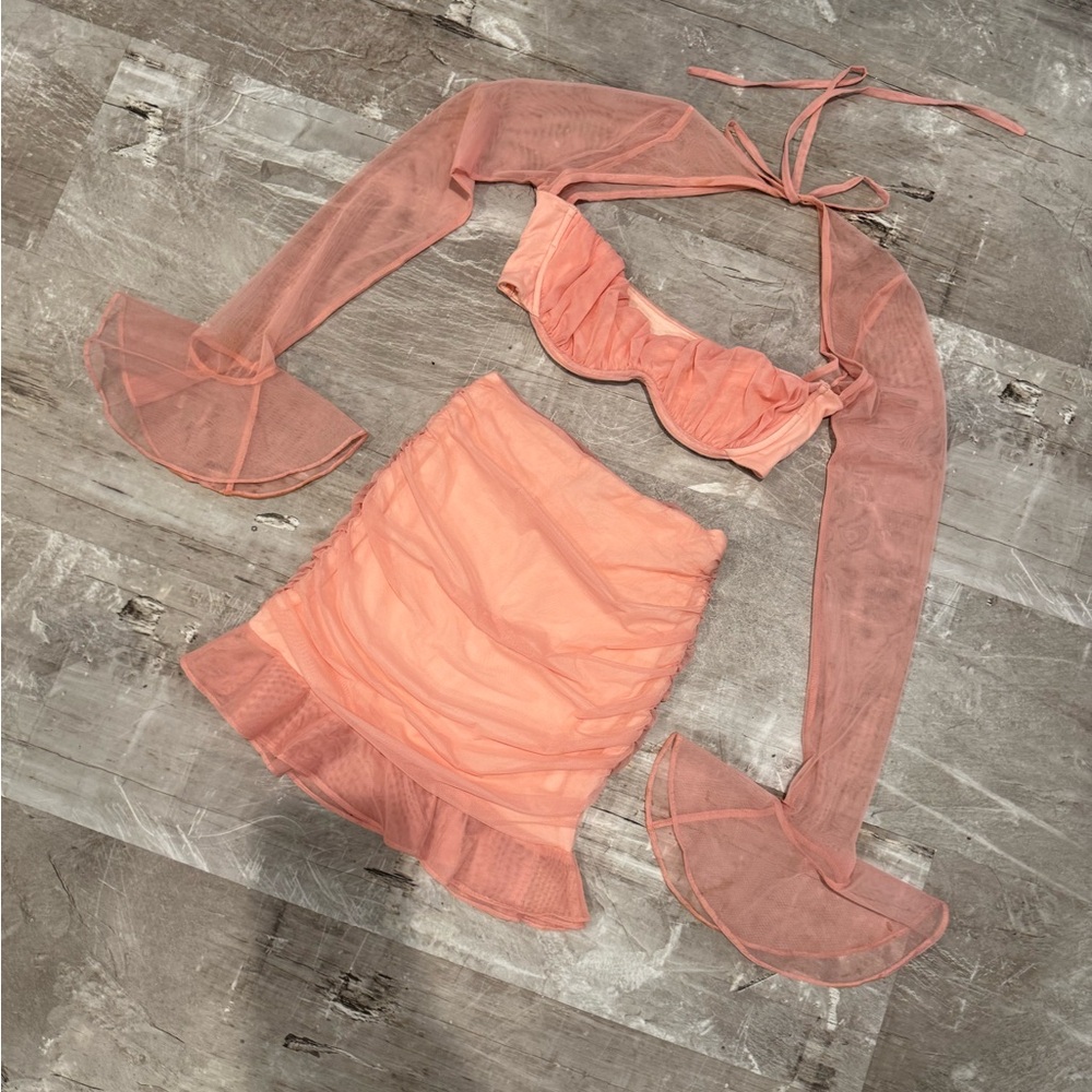 Chic Peach Two-Piece Set with Sheer Sleeves